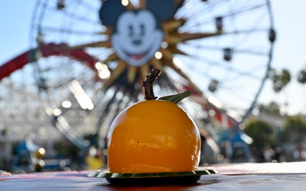 Mandarin Mousse Cake: Layers of mandarin mousse with vanilla cake and clementine compote finished with white chocolate crunch balls and a tangerine glaze available at Lucky 8 Lantern during Lunar New Year at Disney California Adventure in Anaheim, CA, on Jan. 20, 2023. (Photo by Jeff Gritchen, Orange County Register/SCNG)