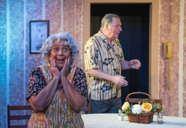 Actors Linda Garay and Rich Hutchinson, who play Aida and Frank, rehearse their roles in the Camino Real Playhouse's Over the River and Through the Woods during a dress rehearsal on Thursday, February 23, 2023. (Photo by Jeff Antenore, Contributing Photographer)