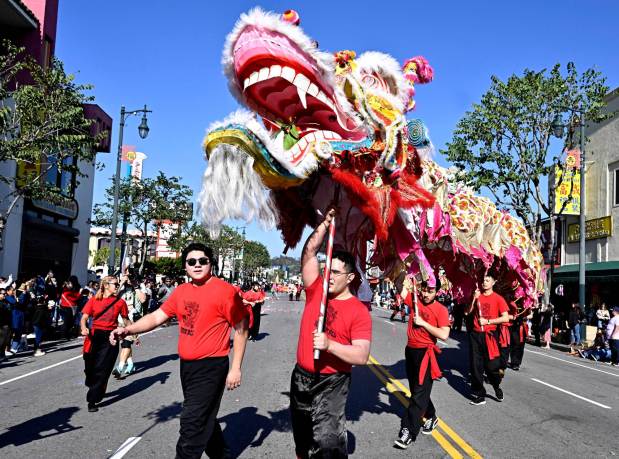 A dragon marches during the 124th annual Golden Dragon Parade celebrating the Lunar New Year in Chinatown in Los Angeles on Saturday, Jan. 28, 2023. (Photo by Keith Birmingham, Pasadena Star-News/ SCNG)