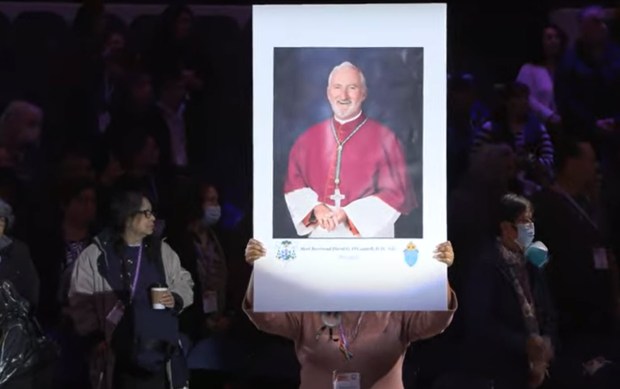 The late Auxiliary Bishop of the Archdiocese of Los Angeles David O'Connell was honored during a special bilingual prayer service led by Archbishop José H. Gomez at the Religious Education Congress 2023 (RECongress 2023) at the Arena of the Anaheim Convention Center on Sunday, Feb. 26, 2023. Photo: Screenshot from livecast