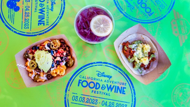 From left: Impossible Nacho Mac & Cheese, Blackberry-Lavender Lemonade and Impossible Al Pastor Tacos at the Disney California Adventure Food & Wine Festival on Friday, March 3, 2023, in Anaheim. (Photo by Mark Rightmire, Orange County Register/SCNG)