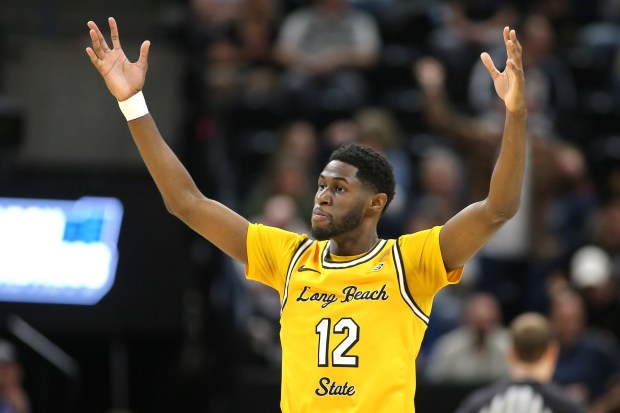 Long Beach State's Jadon Jones reacts during the first half against the Arizona Wildcats in the first round of the NCAA Men's Basketball Tournament on Thursday, March 21, 2024, at Delta Center in Salt Lake City, Utah. (Photo by Chris Gardner/Getty Images)