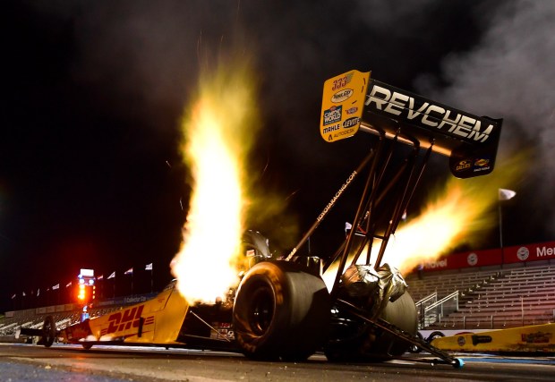 Top Fuel driver Shawn Langdon, from Mira Loma, hits the throttle on his 11,000 hp dragster during the opening round of qualifying at the rescheduled NHRA Winternationals on July 30, 2021, at Auto Club Raceway at Pomona. (Photo by Will Lester, Inland Valley Daily Bulletin/SCNG)