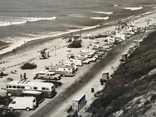 Cars in the mid-60s line the beach at San Onofre Surf Beach, a popular destination still much the same today (.Photo courtesy of the Don Craig collection)