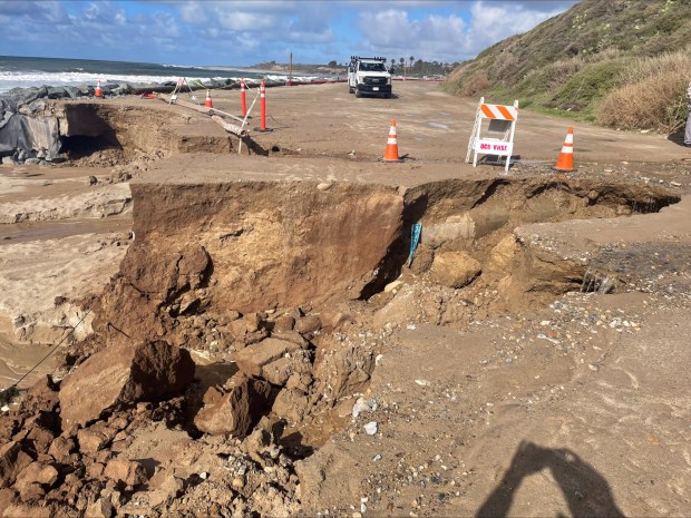 The dirt road leading into San Onofre surf beach has been destroyed following the latest storm. The lot at the beloved beach will be closed indefinitely, according to State Parks. (Photo courtesy of State Parks)