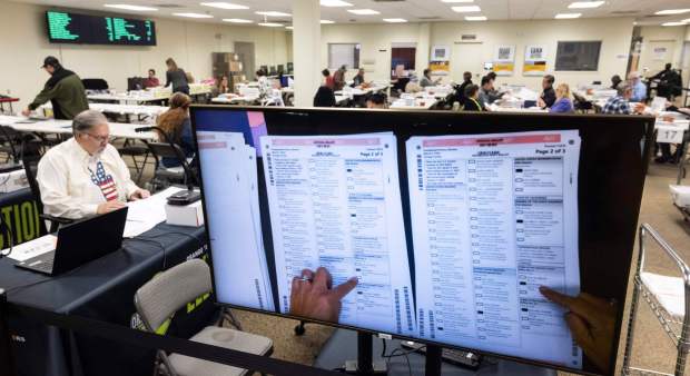 A monitor shows what is being examined in ballot duplication at the Orange County registrar's office in Santa Ana, CA on Tuesday, March 5, 2024. (Photo by Paul Bersebach, Orange County Register/SCNG)