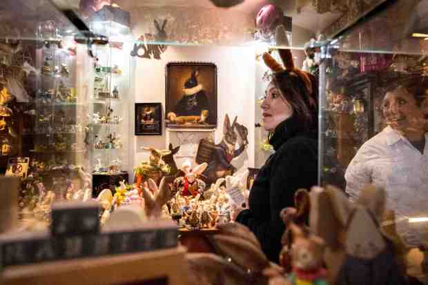 Wearing bunny ears Jennie Ramos, of Placentia, walks through The Bunny Museum in Altadena with Rosa Robles on Friday, March 29, 2024. The museum has more than 45,000 items related to bunnies. (Photo by Sarah Reingewirtz, Los Angeles Daily News/SCNG)