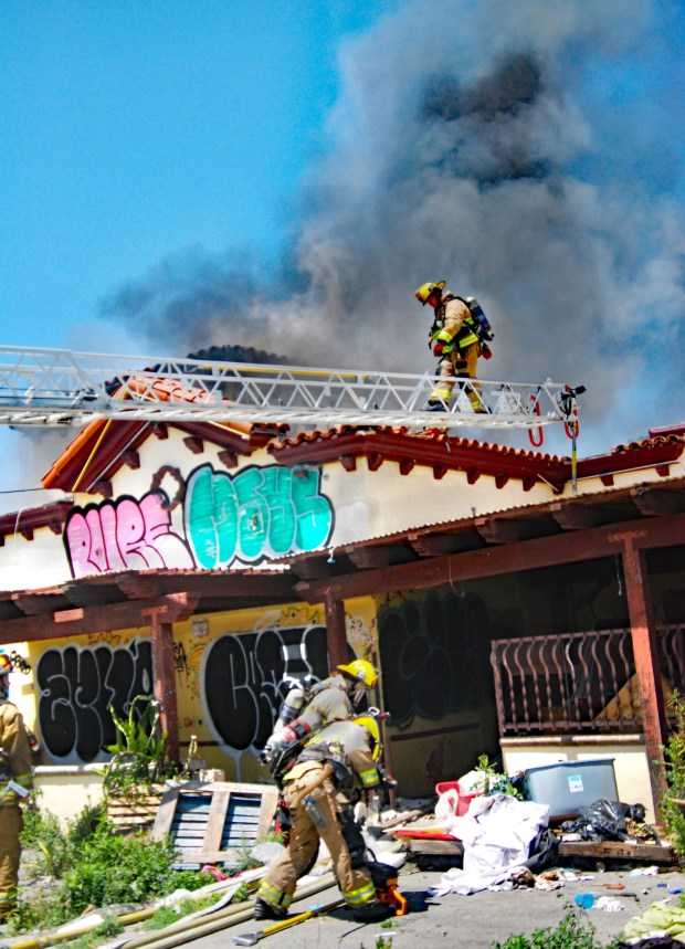 Los Angeles firefighters work on a blaze Wednesday, May 1, 2024, at the former Rusty's Hacienda Mexican restaurant on the 6400 block of Lankershim Boulevard in North Hollywood. (Photo by Mike Meadows/Contributing Photographer)